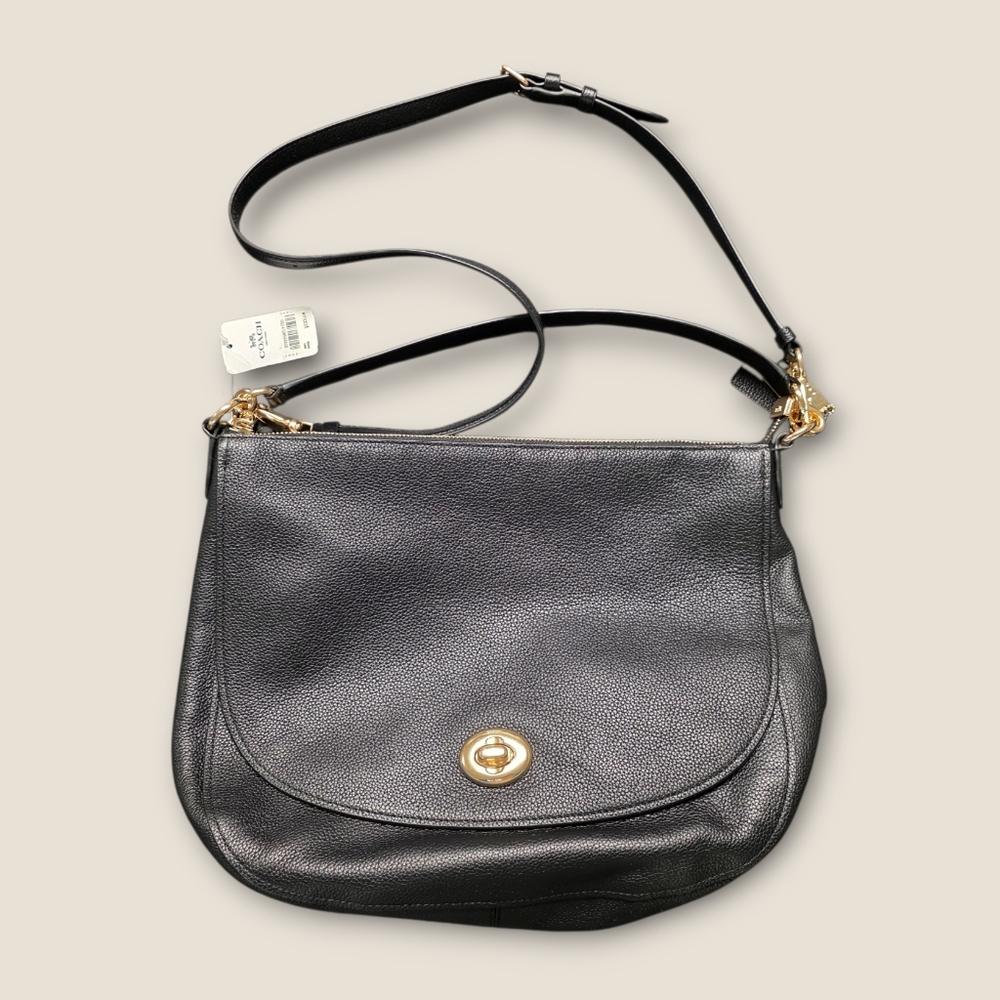 Coach Black Pebbled Hobo Leather Crossbody with Gold Turn-Lock